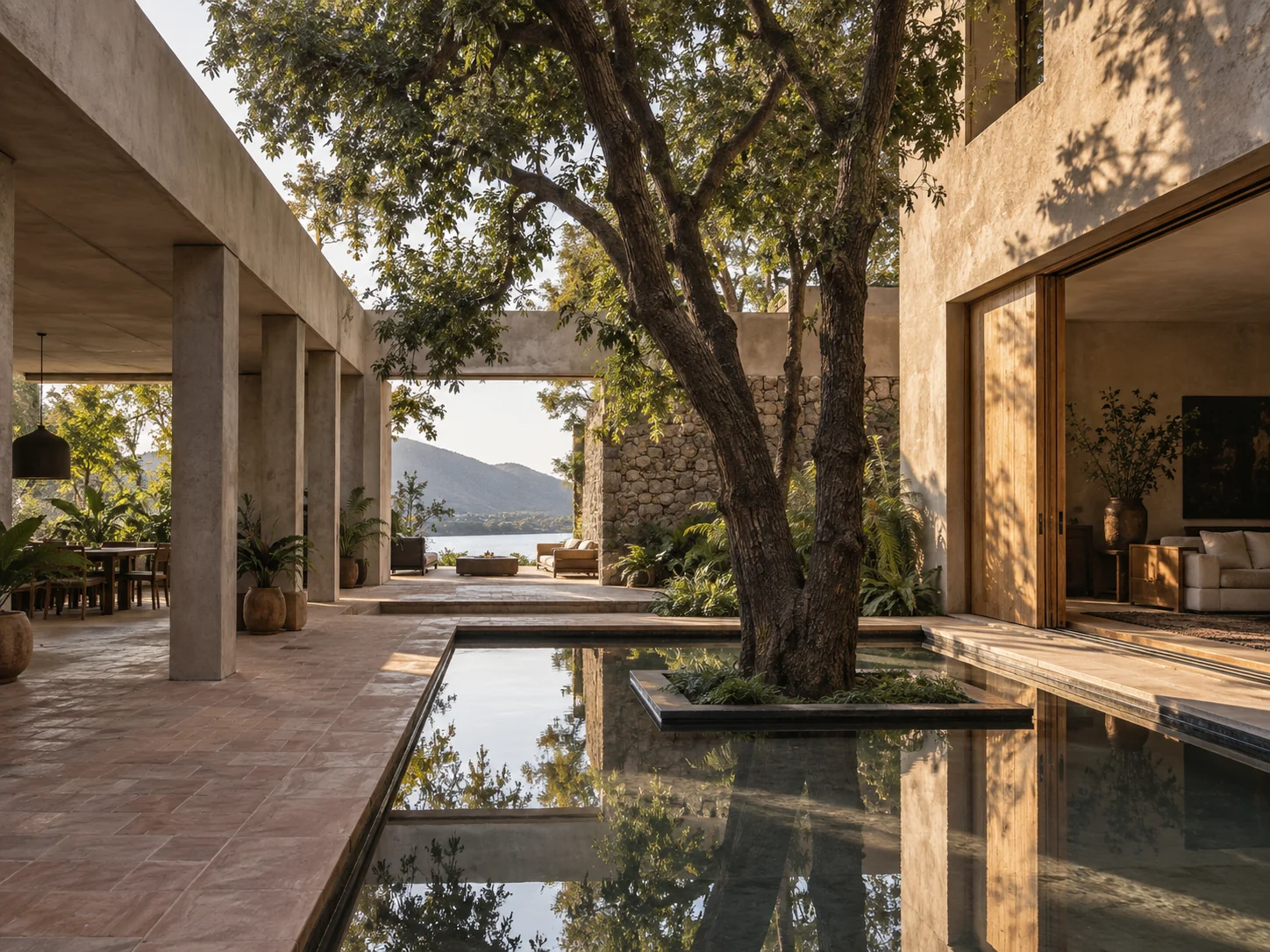 Patio de Casa Umbral con un árbol dentro de un espejo de agua