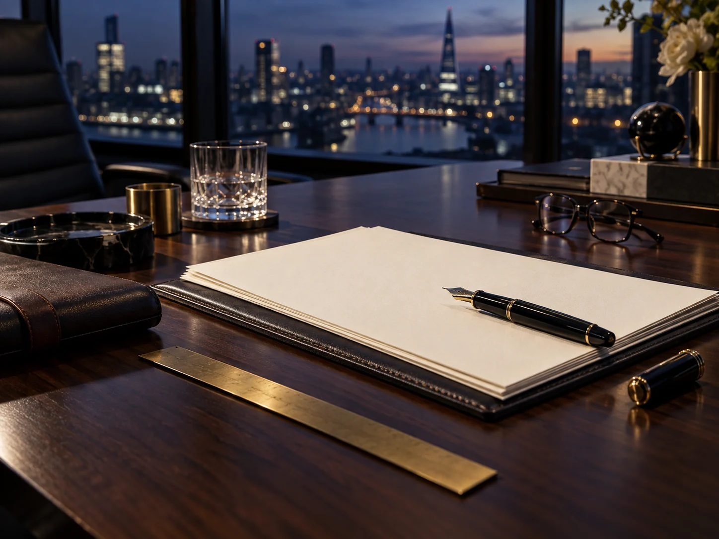 Documentos en blanco y pluma sobre una mesa de trabajo ejecutiva