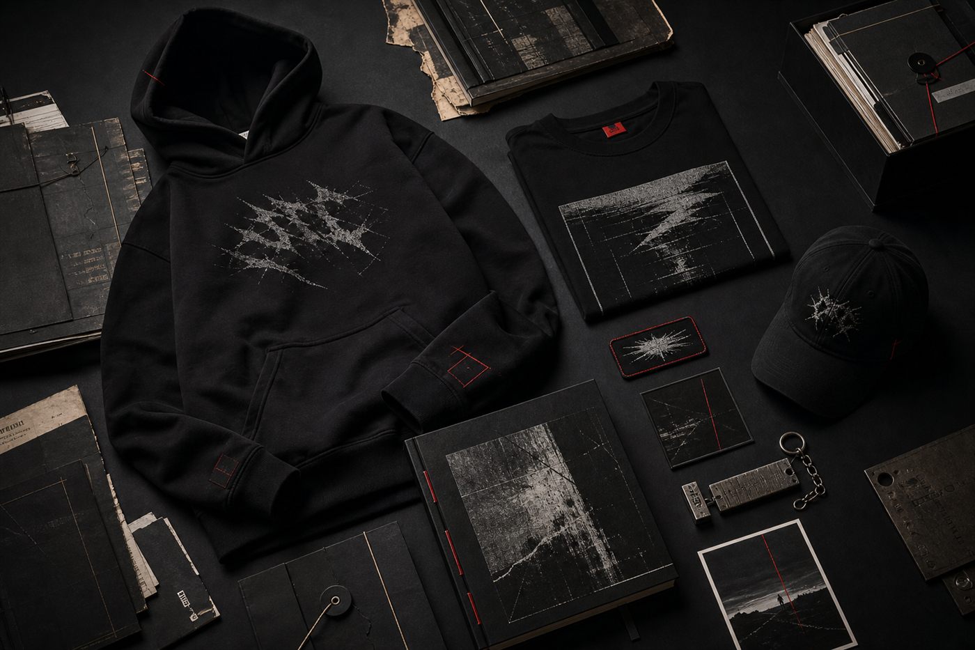 Colección de productos SRC con prendas, accesorios y objetos de archivo