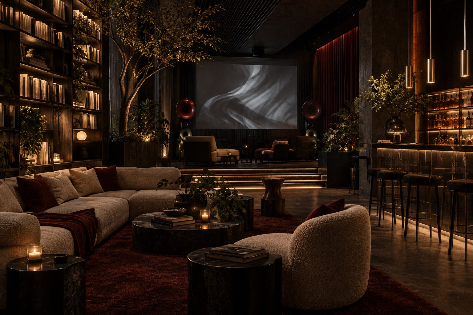 Salón cultural nocturno con biblioteca, instalación audiovisual, bar y vegetación