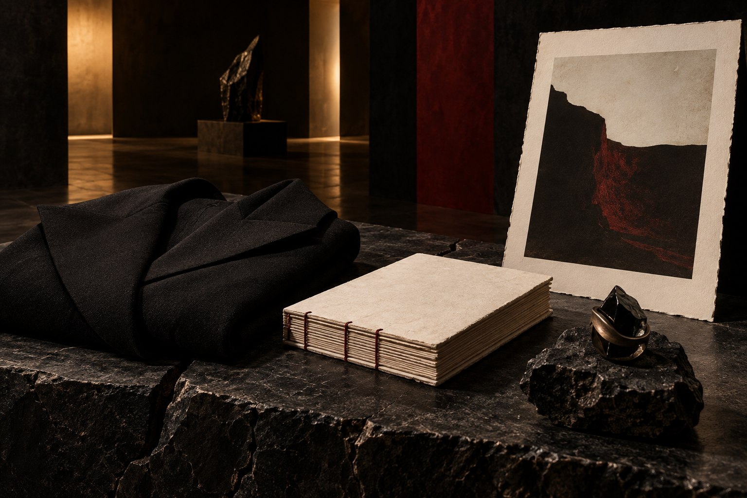 Prenda, libro de arte, print y pieza de obsidiana expuestos como objetos de colección